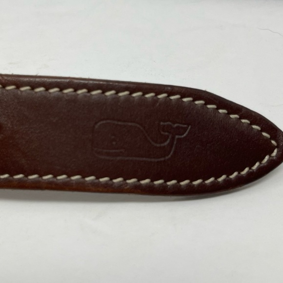 Vineyard Vines Belt Mens 26 Blue White Surcingle Waves Brown Leather Made in USA - Picture 5 of 10